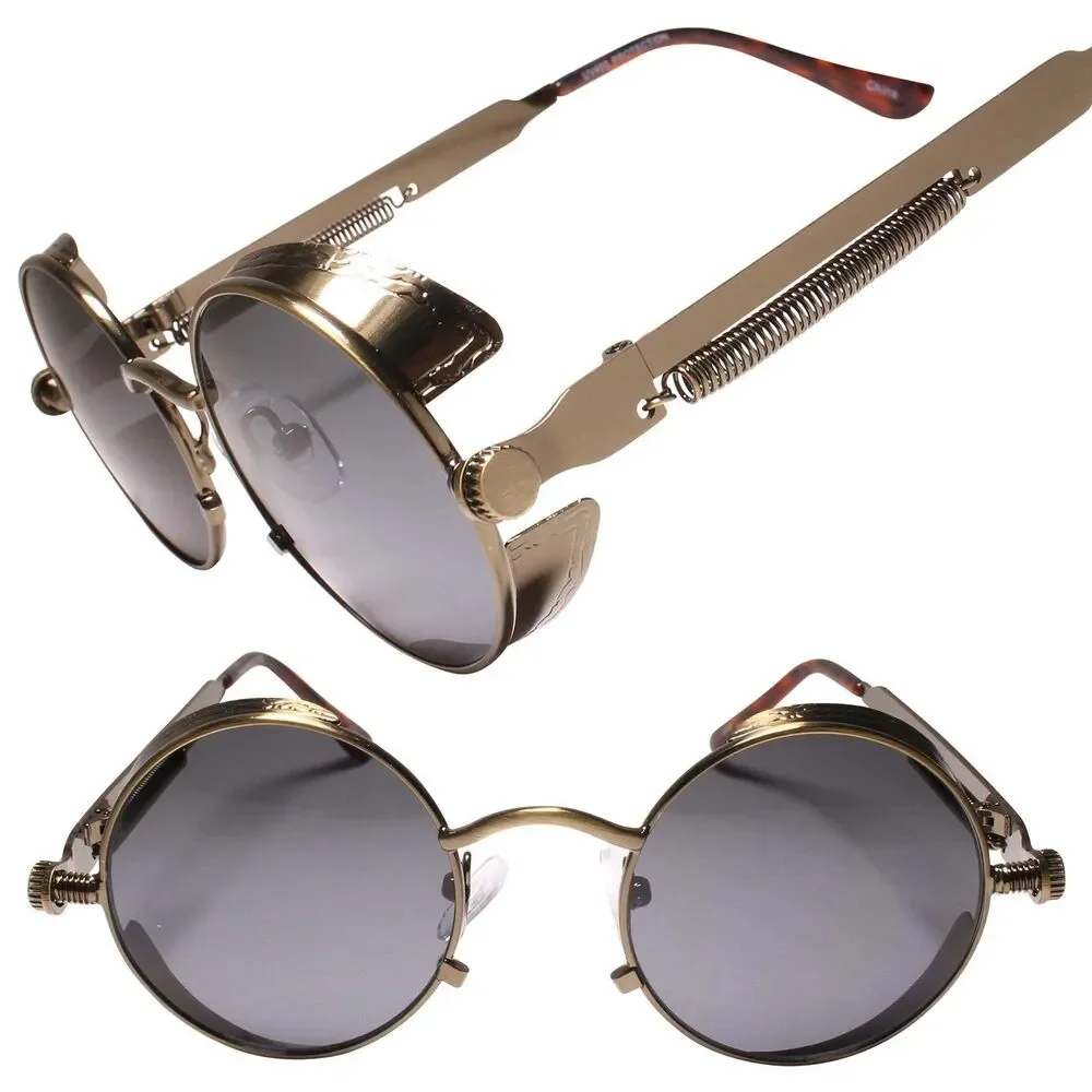 Brown Steampunk Sunglasses w/ Side Shield Mysterious Edgy Fashion Round Goggles